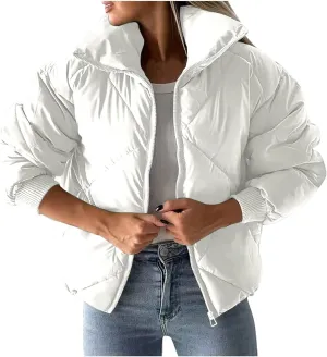 Winter Coats for Women Long Sleeve Zip Up Quilted Jackets Loose Fit Puffer Jacket Warm Outwear with Pockets