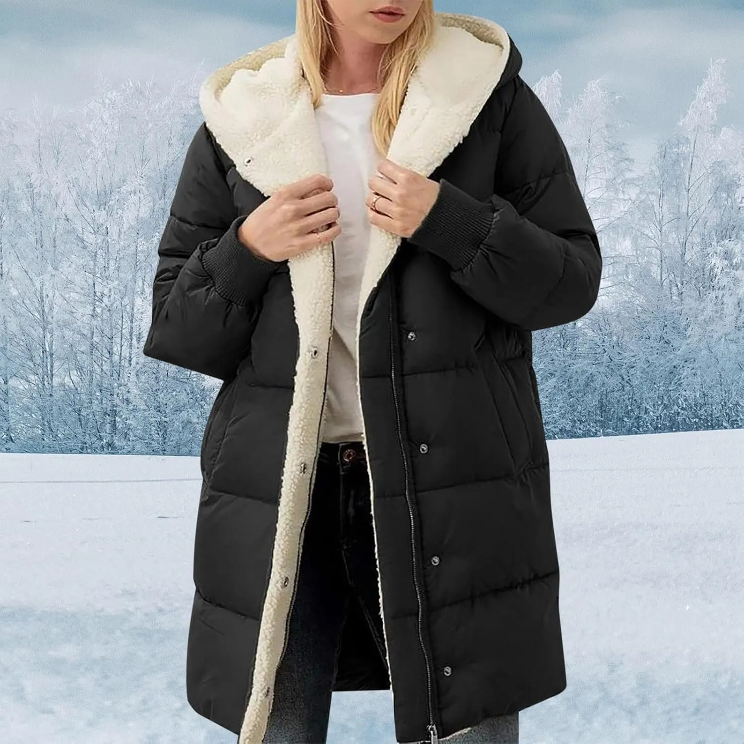Winter Warm Coats for Women Warm Down Jacket Sherpa Fleece Lined Long Hooded Puffer Jacket Winter Fashion Clothes
