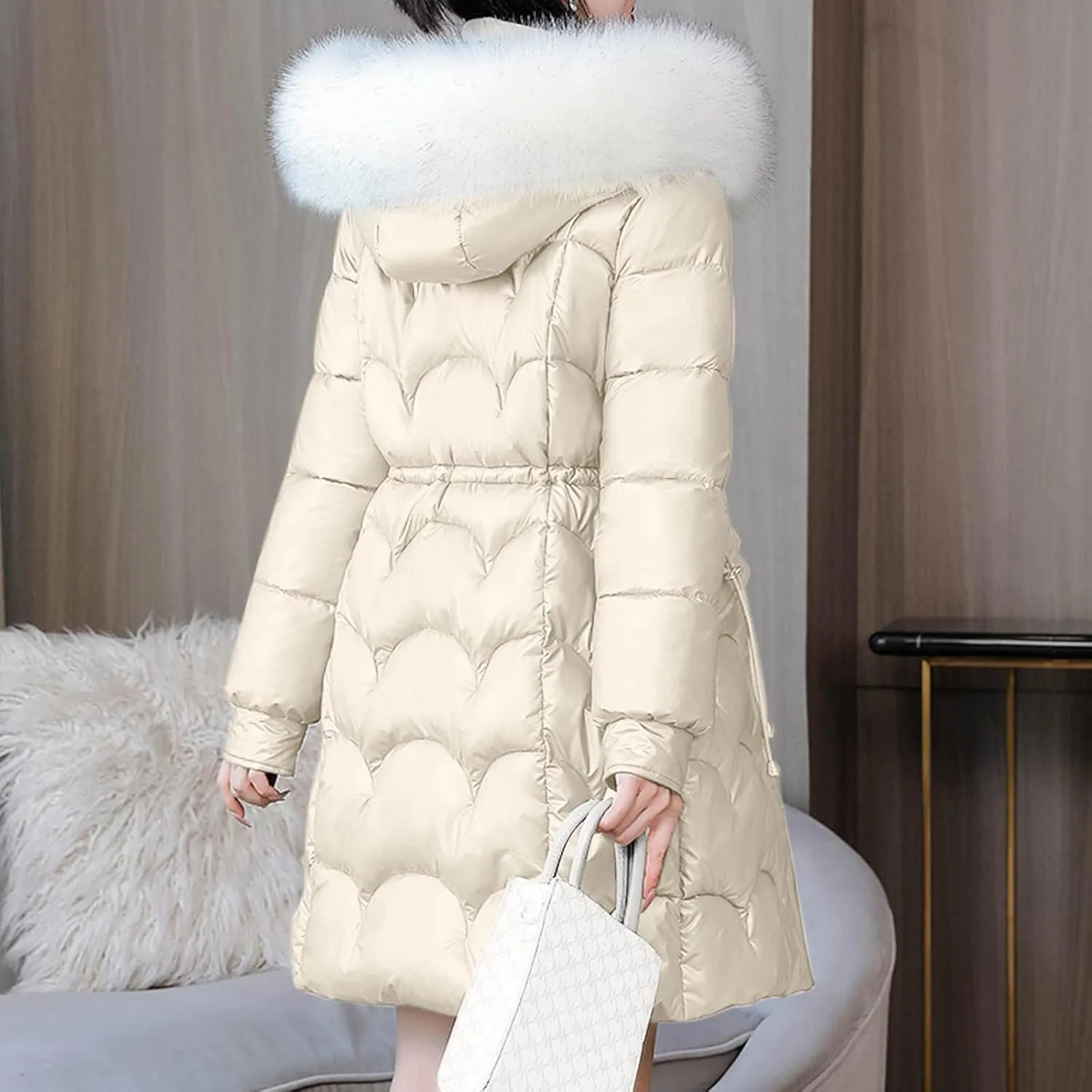 Wkishenl Puffer Jacket Womens Warm Winter Down Coats Long Length Quilted Maxi Puffer Solid Color Zip Jackets with Fur Hood