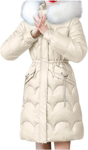 Wkishenl Puffer Jacket Womens Warm Winter Down Coats Long Length Quilted Maxi Puffer Solid Color Zip Jackets with Fur Hood