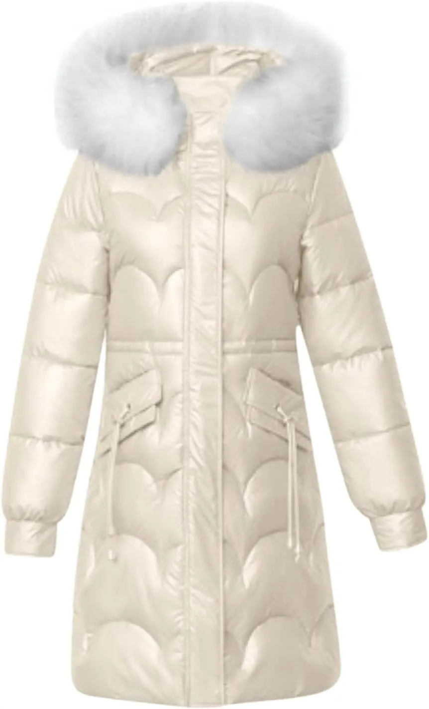 Wkishenl Puffer Jacket Womens Warm Winter Down Coats Long Length Quilted Maxi Puffer Solid Color Zip Jackets with Fur Hood