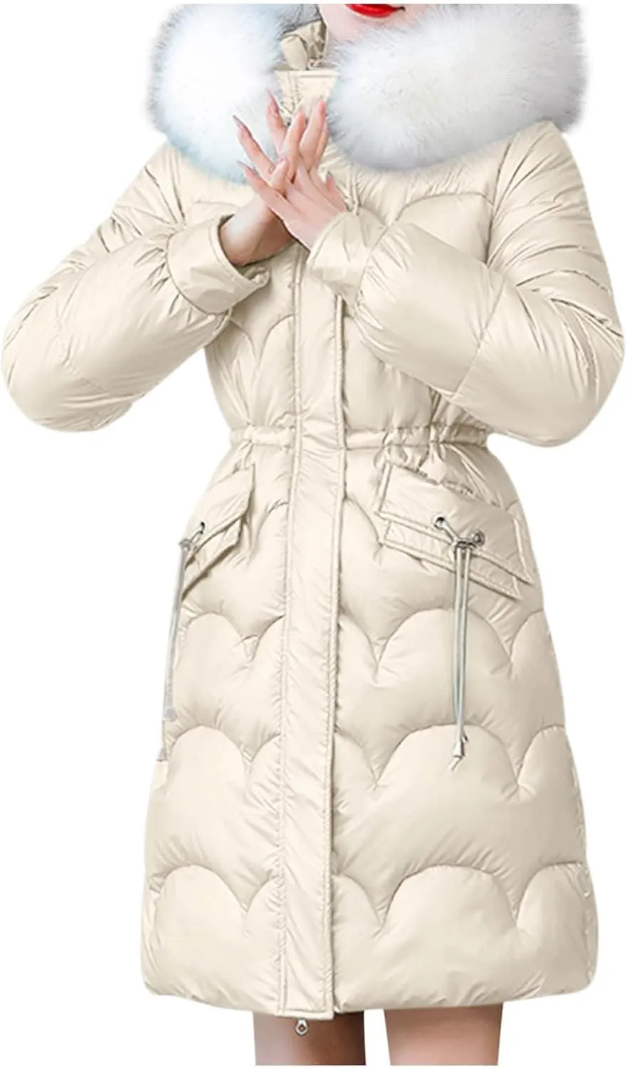 Wkishenl Puffer Jacket Womens Warm Winter Down Coats Long Length Quilted Maxi Puffer Solid Color Zip Jackets with Fur Hood