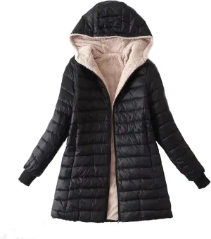 Wkishenl Women Winter Coats Comfy Warm Fleece Lined Cotton Jacket Long Sleeve Quilted Down Coat Sherpa Outerwear with Hood