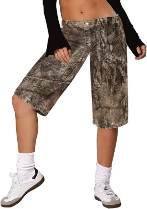 Women Camo Shorts Y2K Maple-Leaf Baggy Jorts Casual Long Jean Shorts Bermuda Shorts with Pocket Hiking Shorts