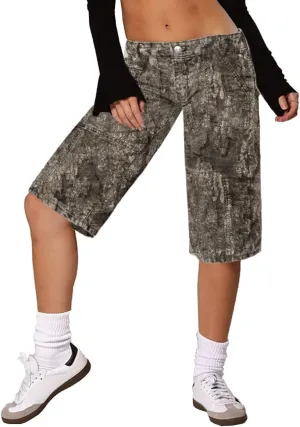 Women Camo Shorts Y2K Maple-Leaf Baggy Jorts Casual Long Jean Shorts Bermuda Shorts with Pocket Hiking Shorts