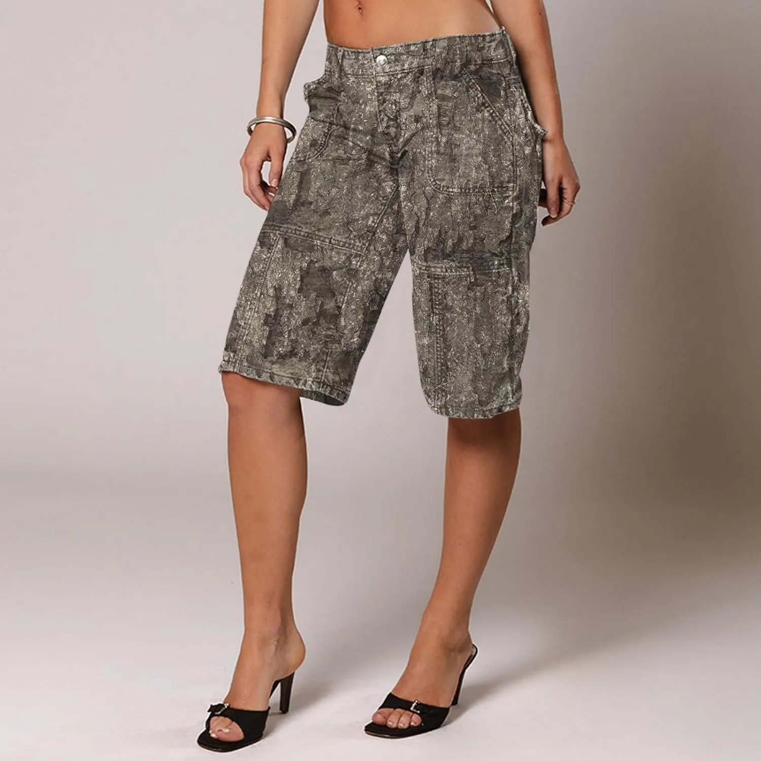Women Camo Shorts Y2K Maple-Leaf Baggy Jorts Casual Long Jean Shorts Bermuda Shorts with Pocket Hiking Shorts