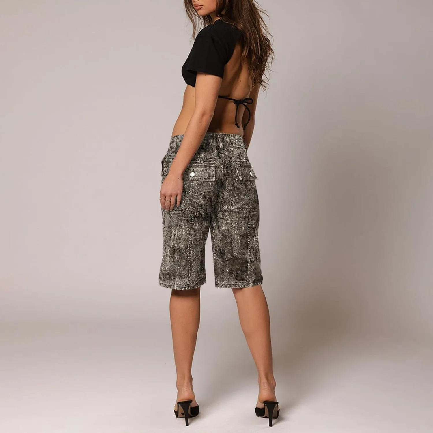 Women Camo Shorts Y2K Maple-Leaf Baggy Jorts Casual Long Jean Shorts Bermuda Shorts with Pocket Hiking Shorts