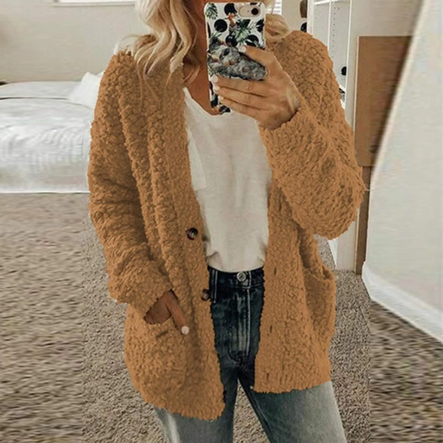 Women Casual Plus Size Plush Sweater Pockets Outerwear Buttons Cardigan Coat Hooded Lightweight Jacket for