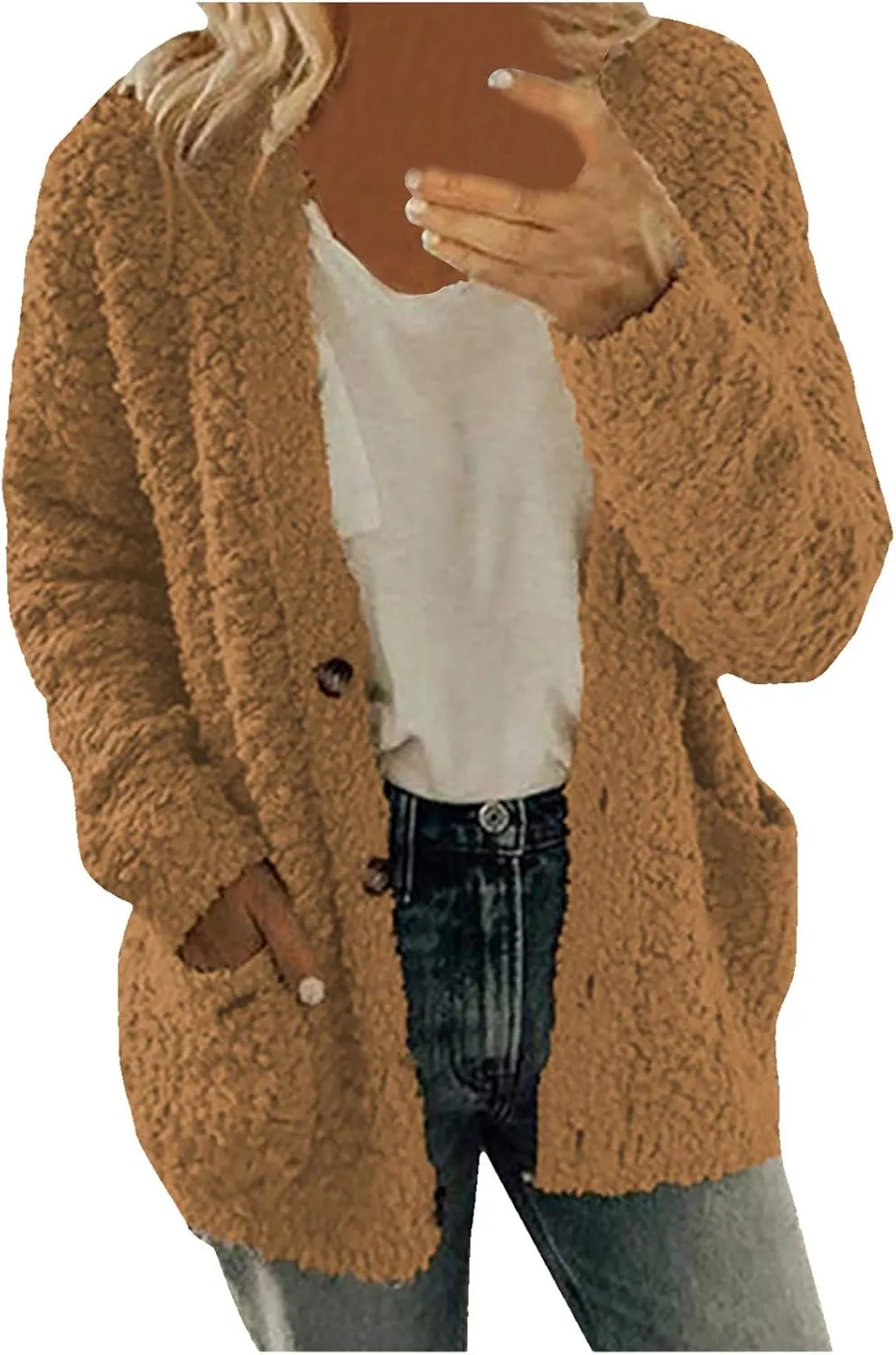 Women Casual Plus Size Plush Sweater Pockets Outerwear Buttons Cardigan Coat Hooded Lightweight Jacket for