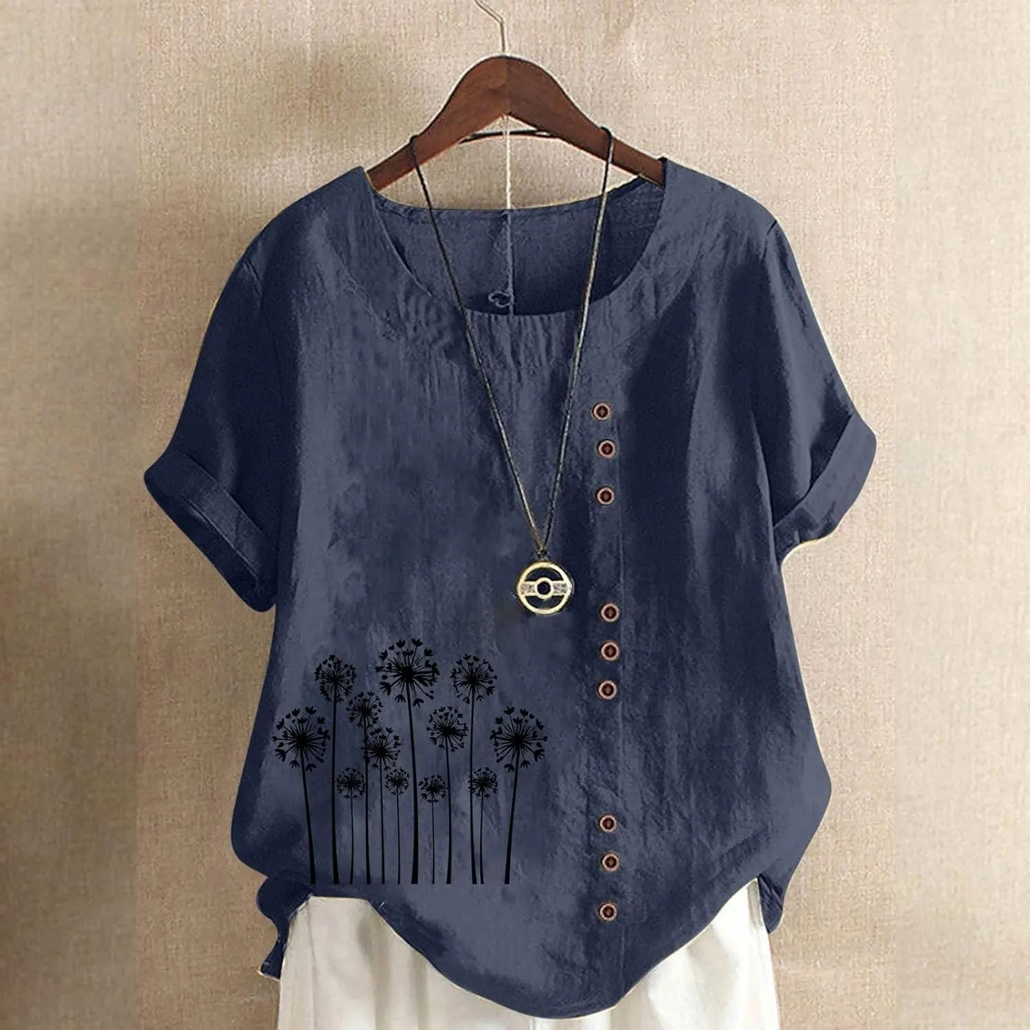 Women Cotton Blend Crew Neck Short Sleeve Basic Tunic Tee Shirts Tops Blouse Oversized Linen Tops Blend Tee Shirts