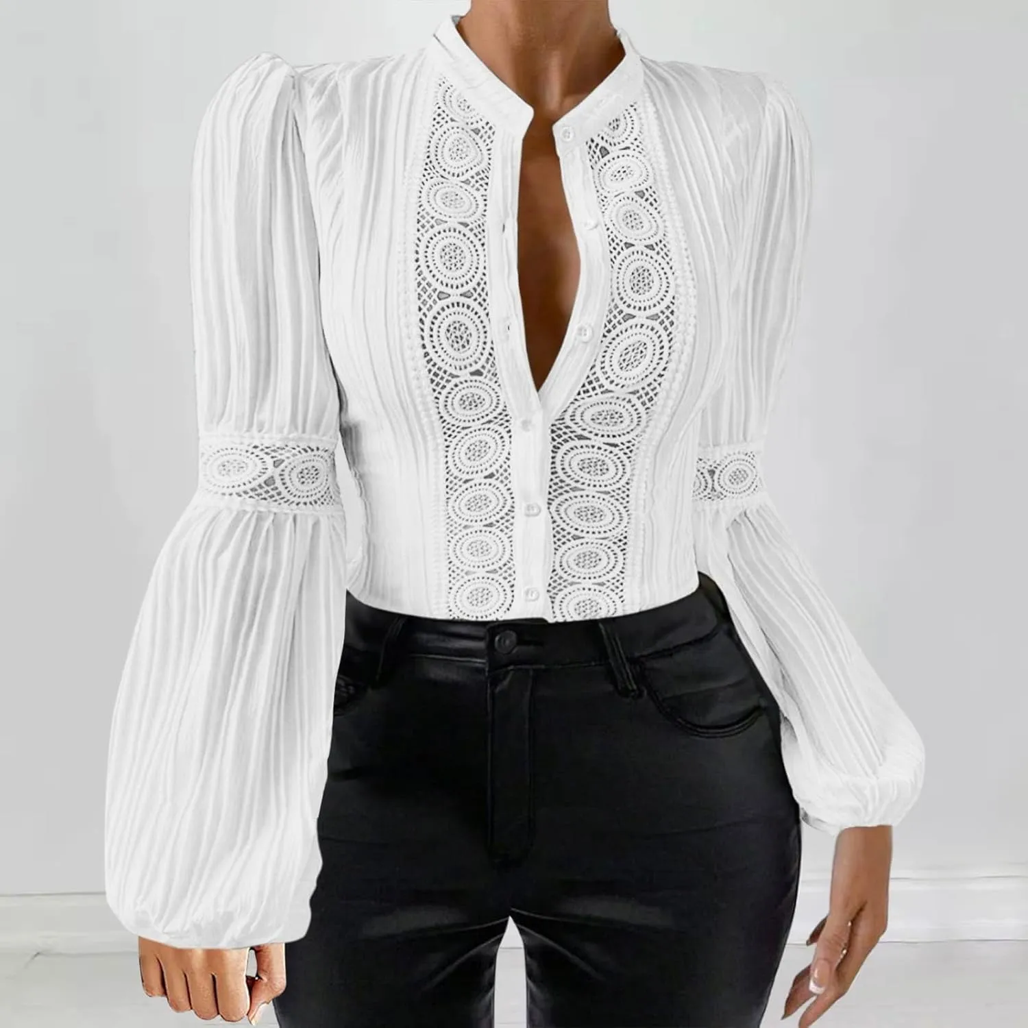 Women Cut Out Lace Patchwork Button Blouse Vintage Stand Collar Embroidered Pleated Lantern Long Sleeve Shirt Tunic Top