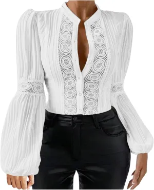 Women Cut Out Lace Patchwork Button Blouse Vintage Stand Collar Embroidered Pleated Lantern Long Sleeve Shirt Tunic Top