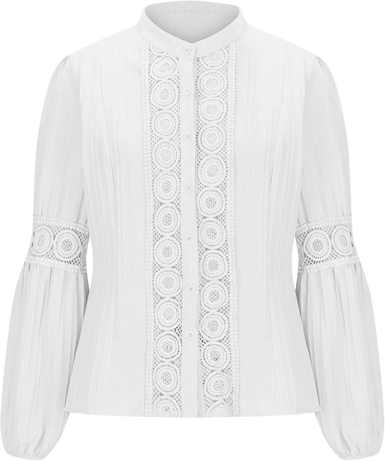 Women Cut Out Lace Patchwork Button Blouse Vintage Stand Collar Embroidered Pleated Lantern Long Sleeve Shirt Tunic Top