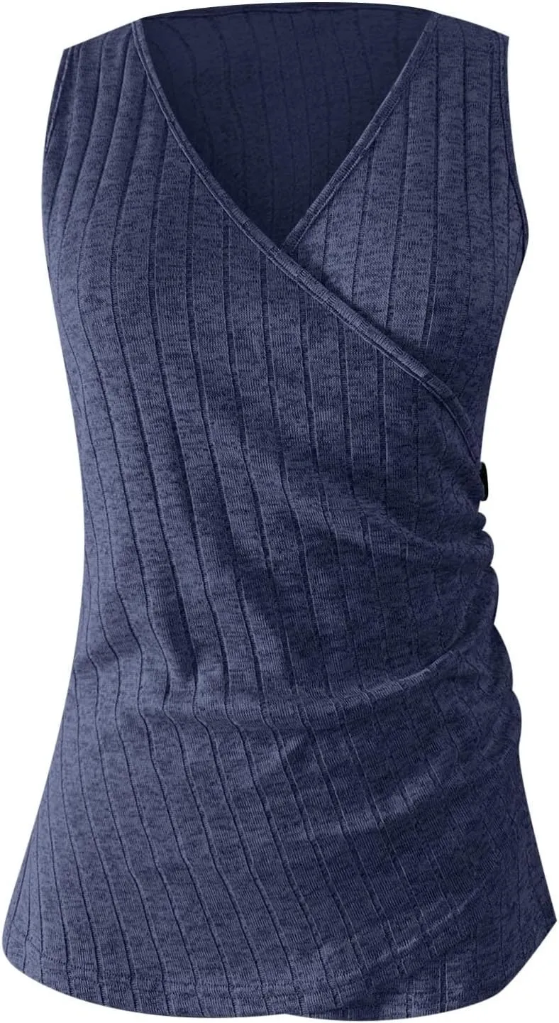 Women Fashion Casual Sleeveless Solid Color Top Shirt Vest V Neck Tanks 4th
