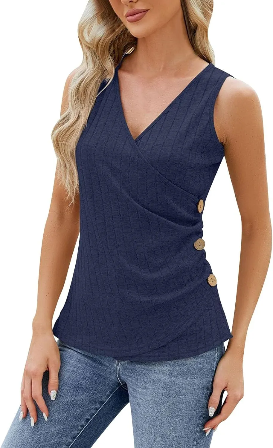 Women Fashion Casual Sleeveless Solid Color Top Shirt Vest V Neck Tanks 4th