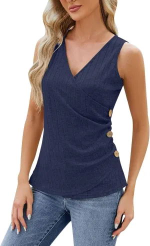 Women Fashion Casual Sleeveless Solid Color Top Shirt Vest V Neck Tanks 4th