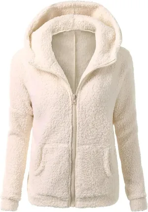 Women Faux Fur Fleece Jacket Casual Zipper Hooded Coat Spring Fall Transitional Fashion Lightweight Sherpa Coat