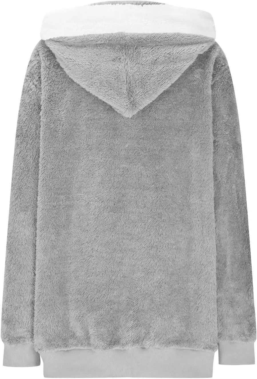 Women Fuzzy Fleece Jacket Winter Warm Hooded Cardigan Plus Size Sherpa Coats Cute Lightweight Plush Outerwear