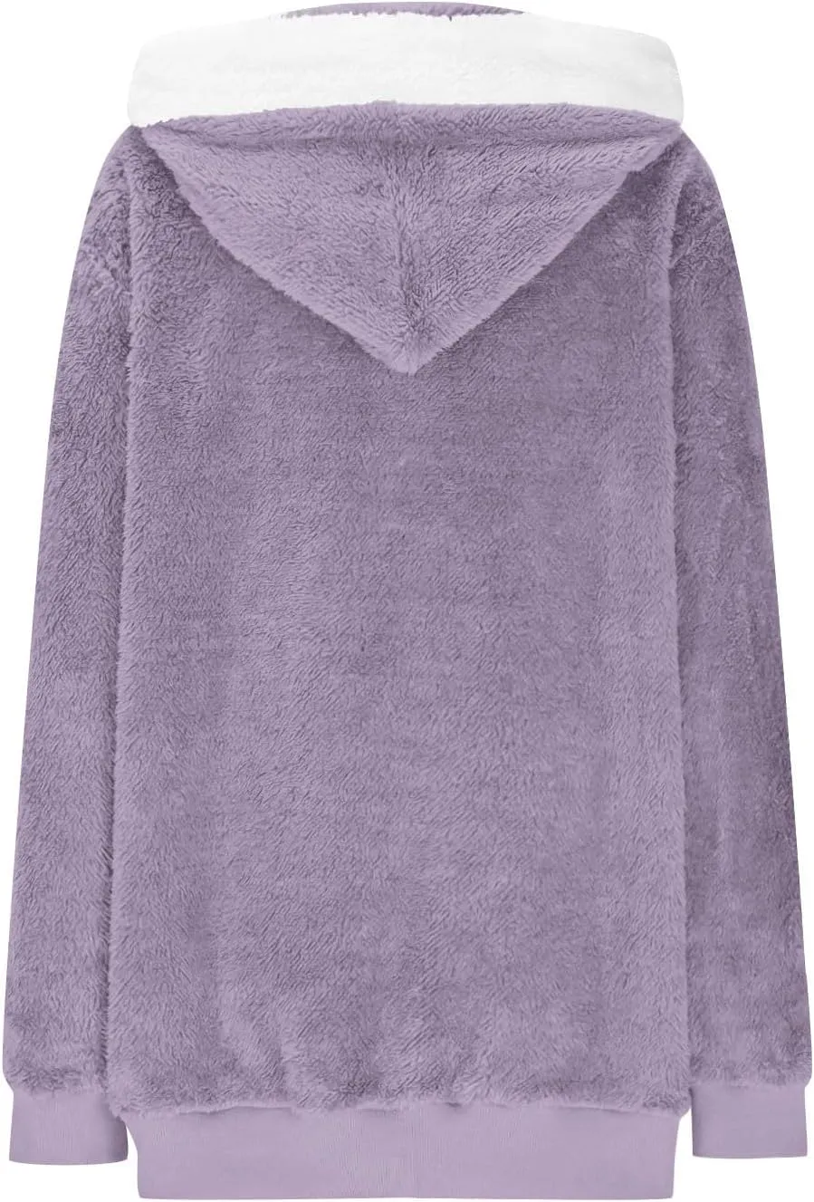 Women Fuzzy Fleece Jacket Winter Warm Hooded Cardigan Plus Size Sherpa Coats Cute Lightweight Plush Outerwear