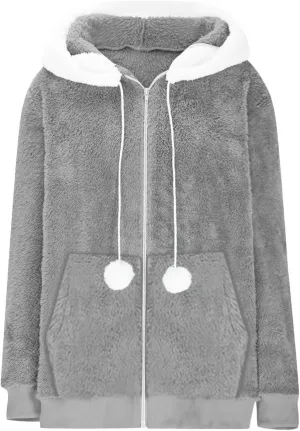 Women Fuzzy Fleece Jacket Winter Warm Hooded Cardigan Plus Size Sherpa Coats Cute Lightweight Plush Outerwear