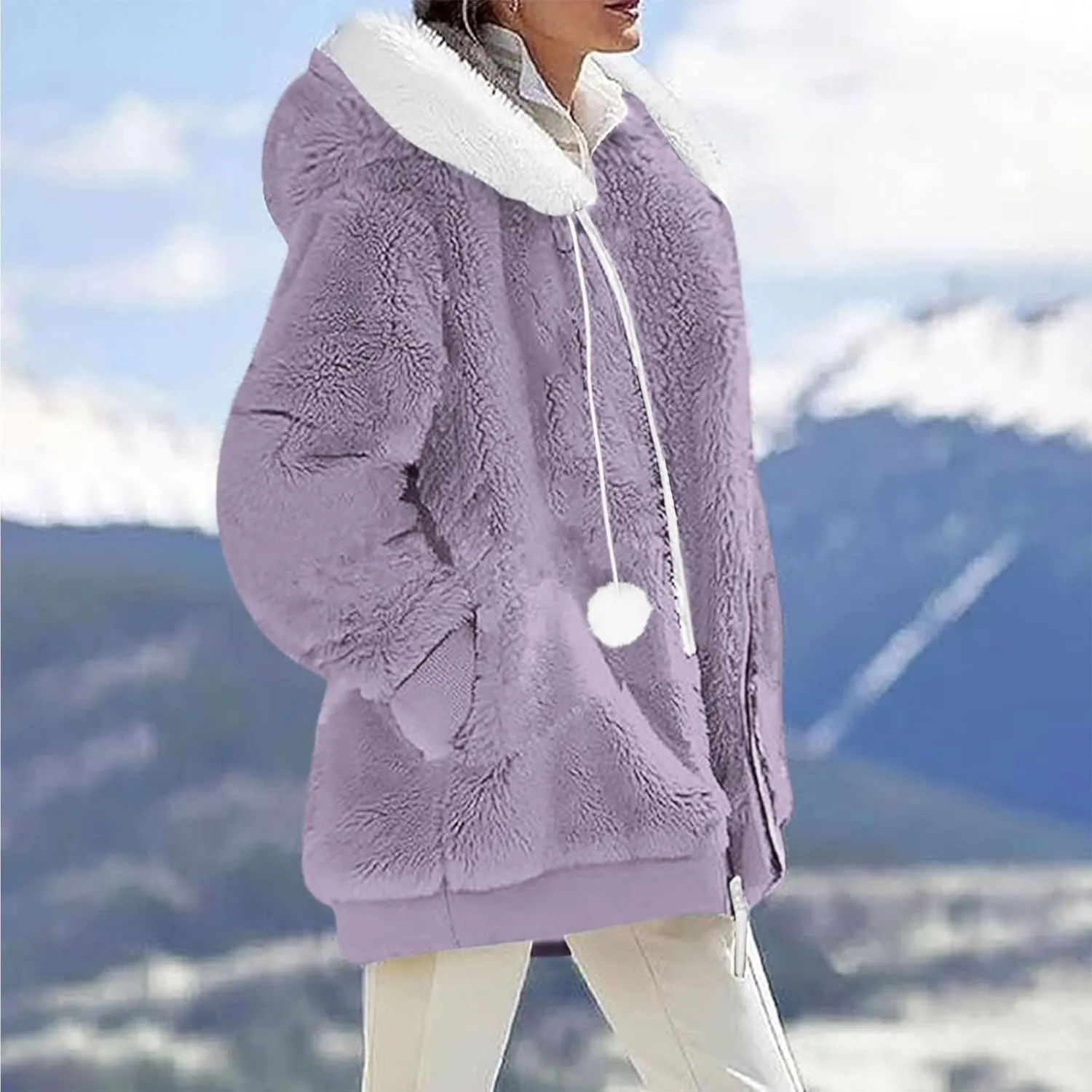 Women Fuzzy Fleece Jacket Winter Warm Hooded Cardigan Plus Size Sherpa Coats Cute Lightweight Plush Outerwear