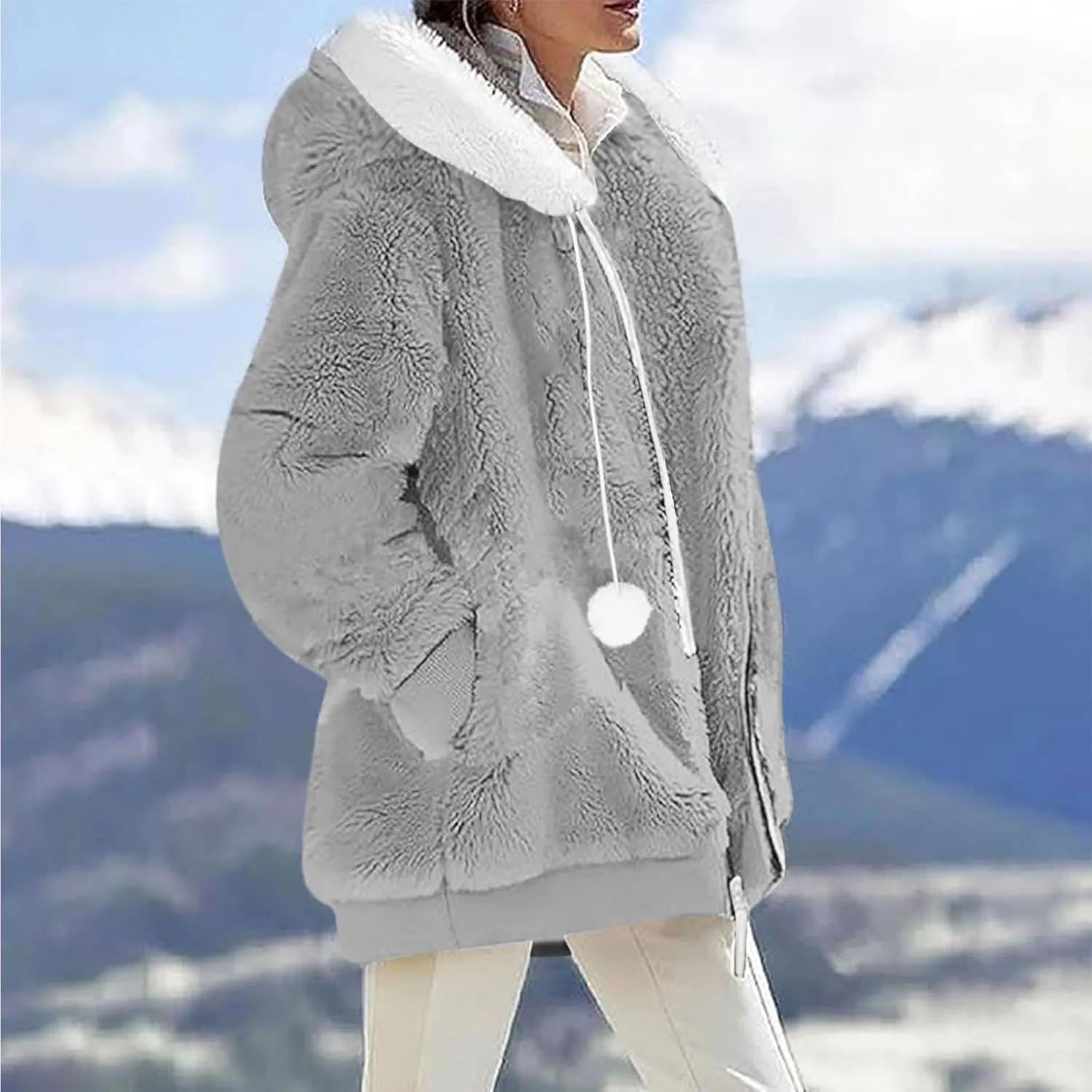 Women Fuzzy Fleece Jacket Winter Warm Hooded Cardigan Plus Size Sherpa Coats Cute Lightweight Plush Outerwear