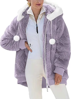 Women Fuzzy Fleece Jacket Winter Warm Hooded Cardigan Plus Size Sherpa Coats Cute Lightweight Plush Outerwear