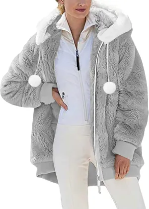 Women Fuzzy Fleece Jacket Winter Warm Hooded Cardigan Plus Size Sherpa Coats Cute Lightweight Plush Outerwear