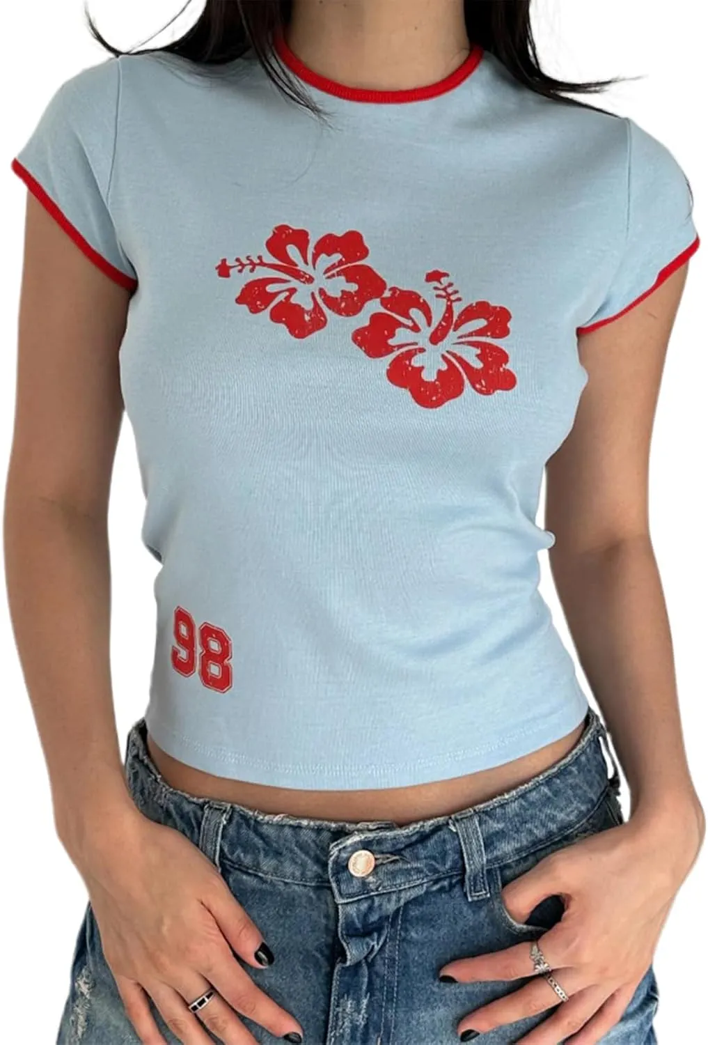 Women Hawaii Baby Tees Y2K Short Sleeve Crewneck Aesthetic Graphic Slim Fit Crop Tops Teen Girls Summer T Shirts