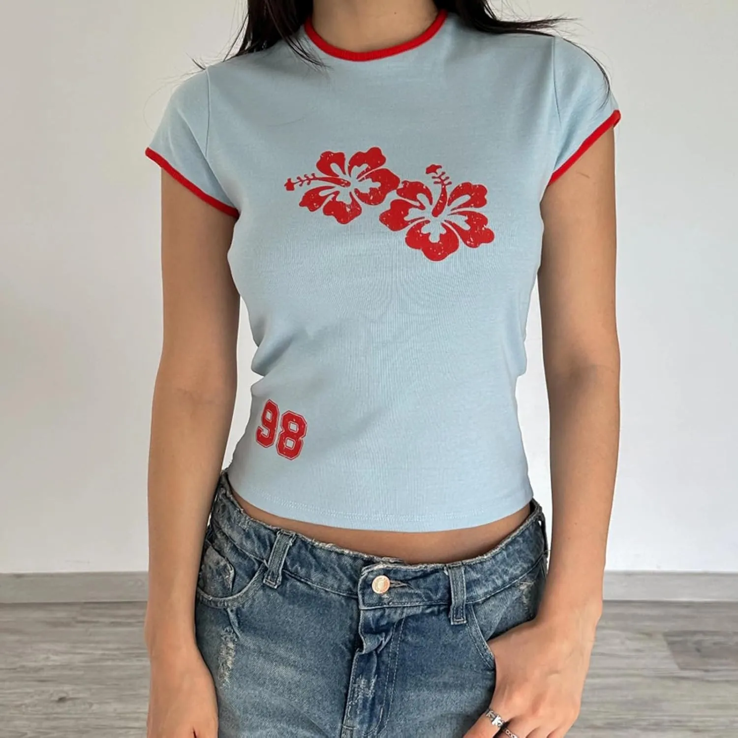 Women Hawaii Baby Tees Y2K Short Sleeve Crewneck Aesthetic Graphic Slim Fit Crop Tops Teen Girls Summer T Shirts