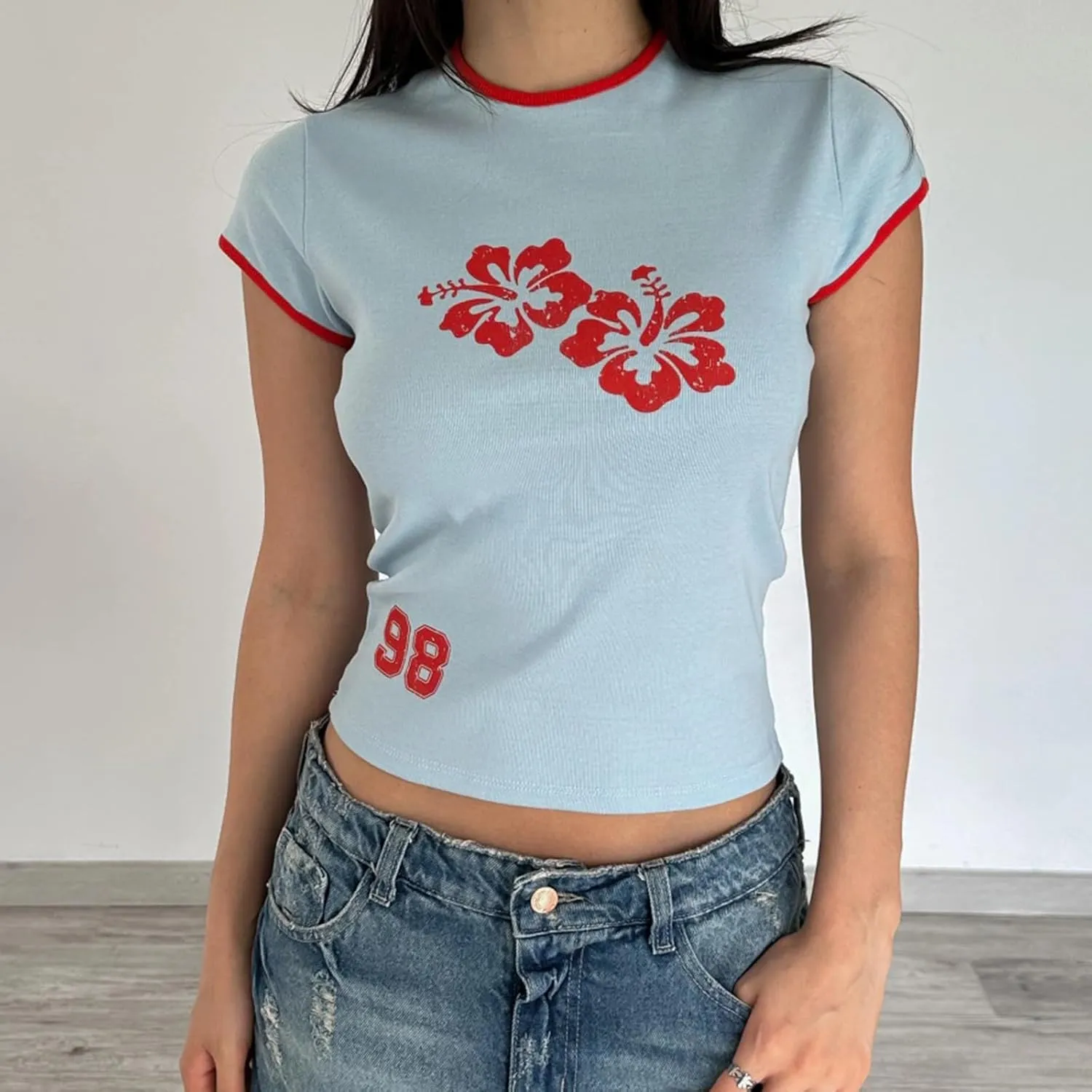 Women Hawaii Baby Tees Y2K Short Sleeve Crewneck Aesthetic Graphic Slim Fit Crop Tops Teen Girls Summer T Shirts