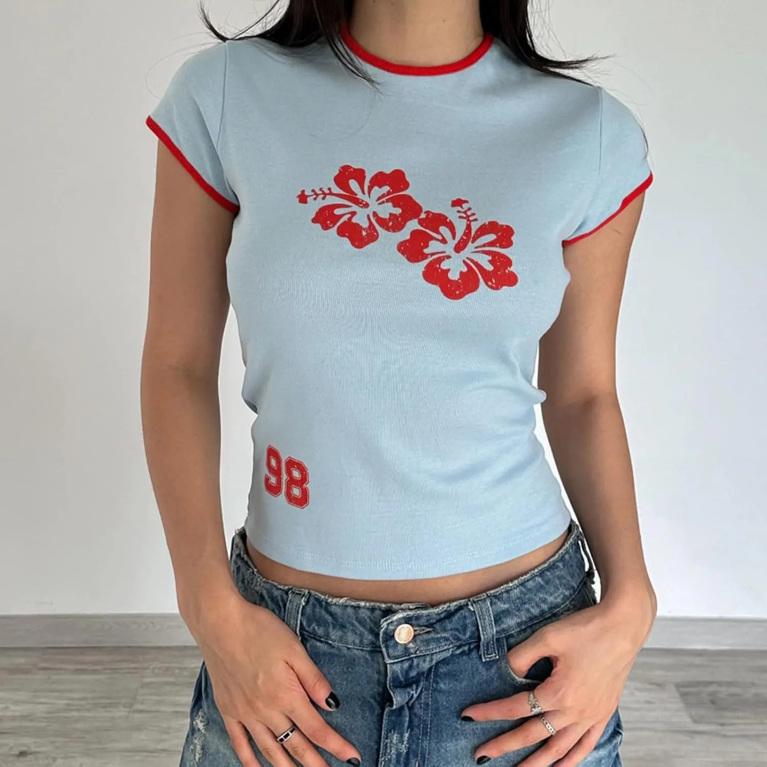 Women Hawaii Baby Tees Y2K Short Sleeve Crewneck Aesthetic Graphic Slim Fit Crop Tops Teen Girls Summer T Shirts