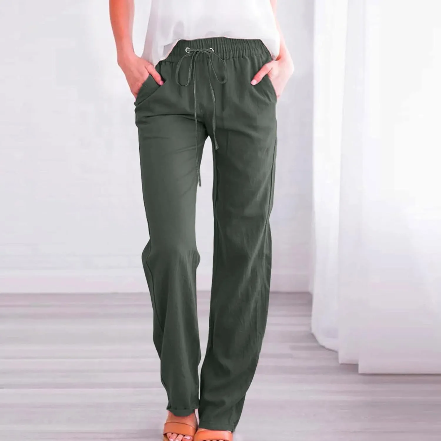 Women High Waisted Wide Leg Pants Casual Drawstring Elastic Trousers Comfy Straight Leg Long Womens Warm Casual