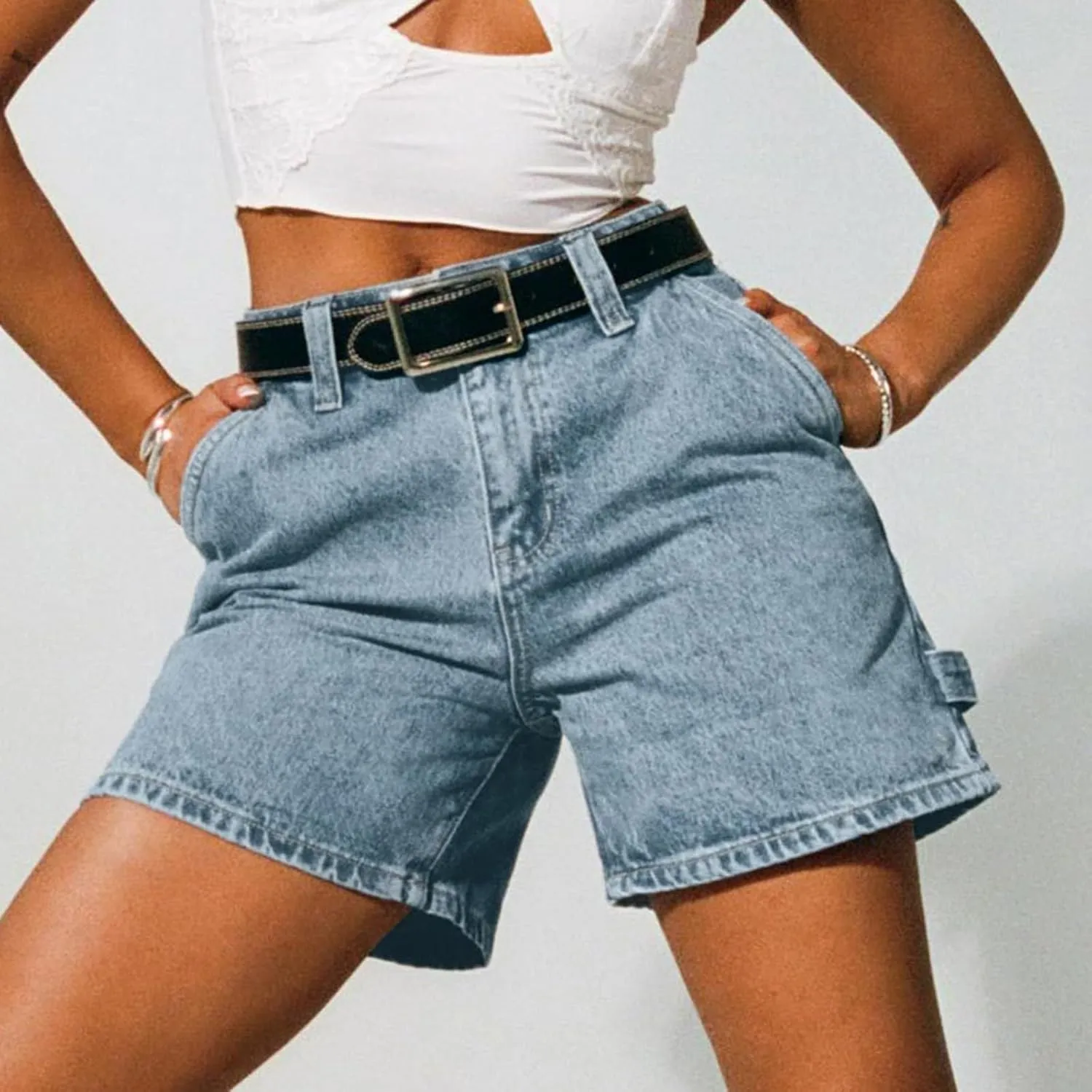 Women Jean Shorts High Waisted Carpenter Denim Shorts with Pockets Trendy Fashion Summer Shorts Jean Shorts for