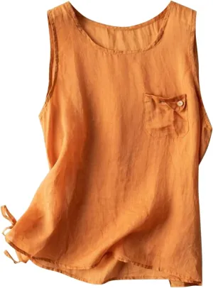 Women Lace-Up Side Cotton Linen Tank Tops Summer Crewneck Sleeveless T Shirts Beach Vacation Tanks with Pockets