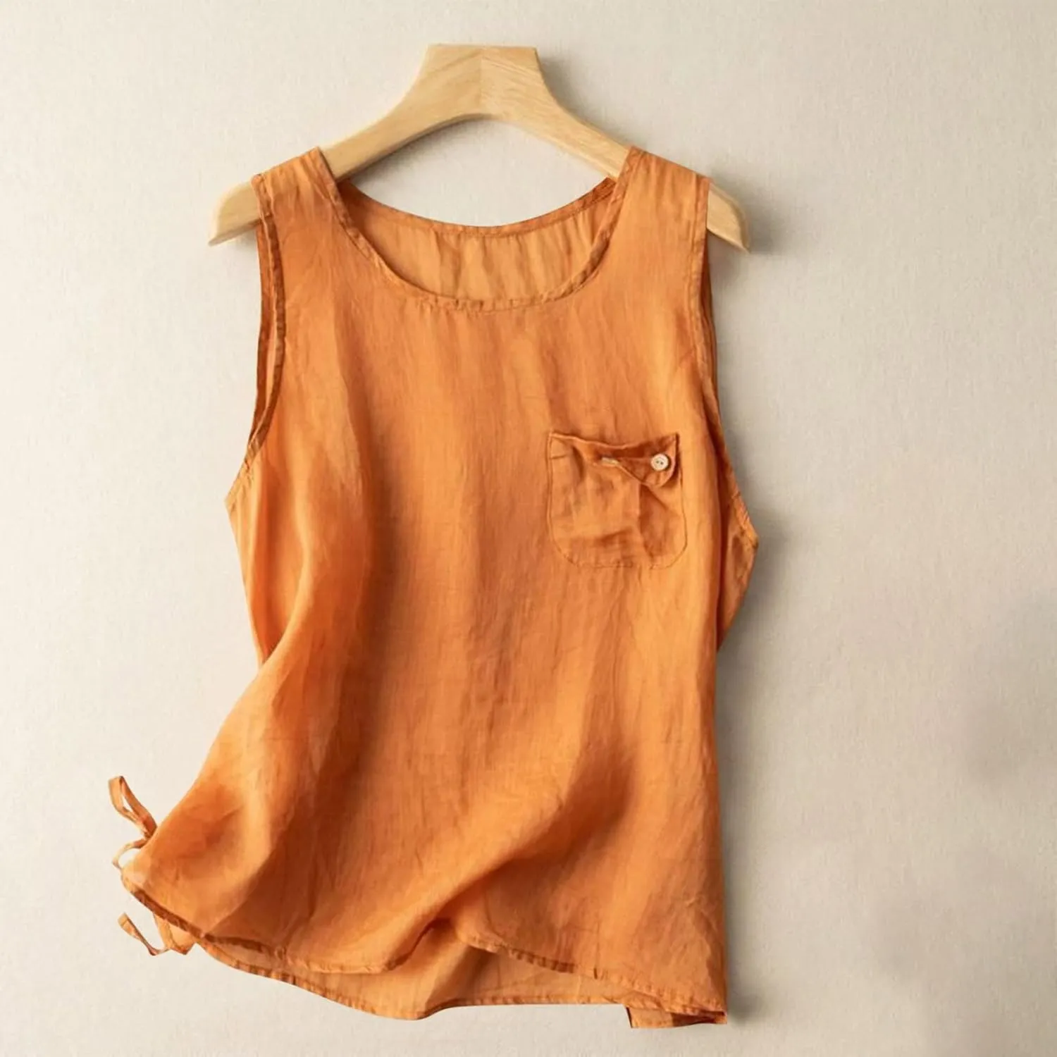 Women Lace-Up Side Cotton Linen Tank Tops Summer Crewneck Sleeveless T Shirts Beach Vacation Tanks with Pockets