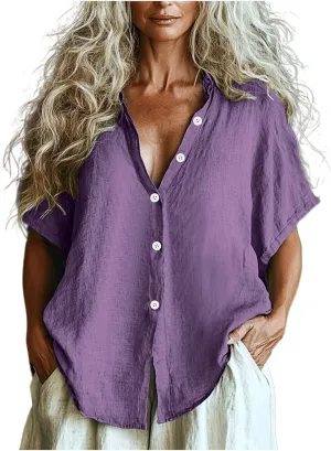 Women Linen Button Down Short Sleeve Lapel Collar Blouse Ladies Summer Casual Dressy V Neck Beach Cotton Shirt Tops