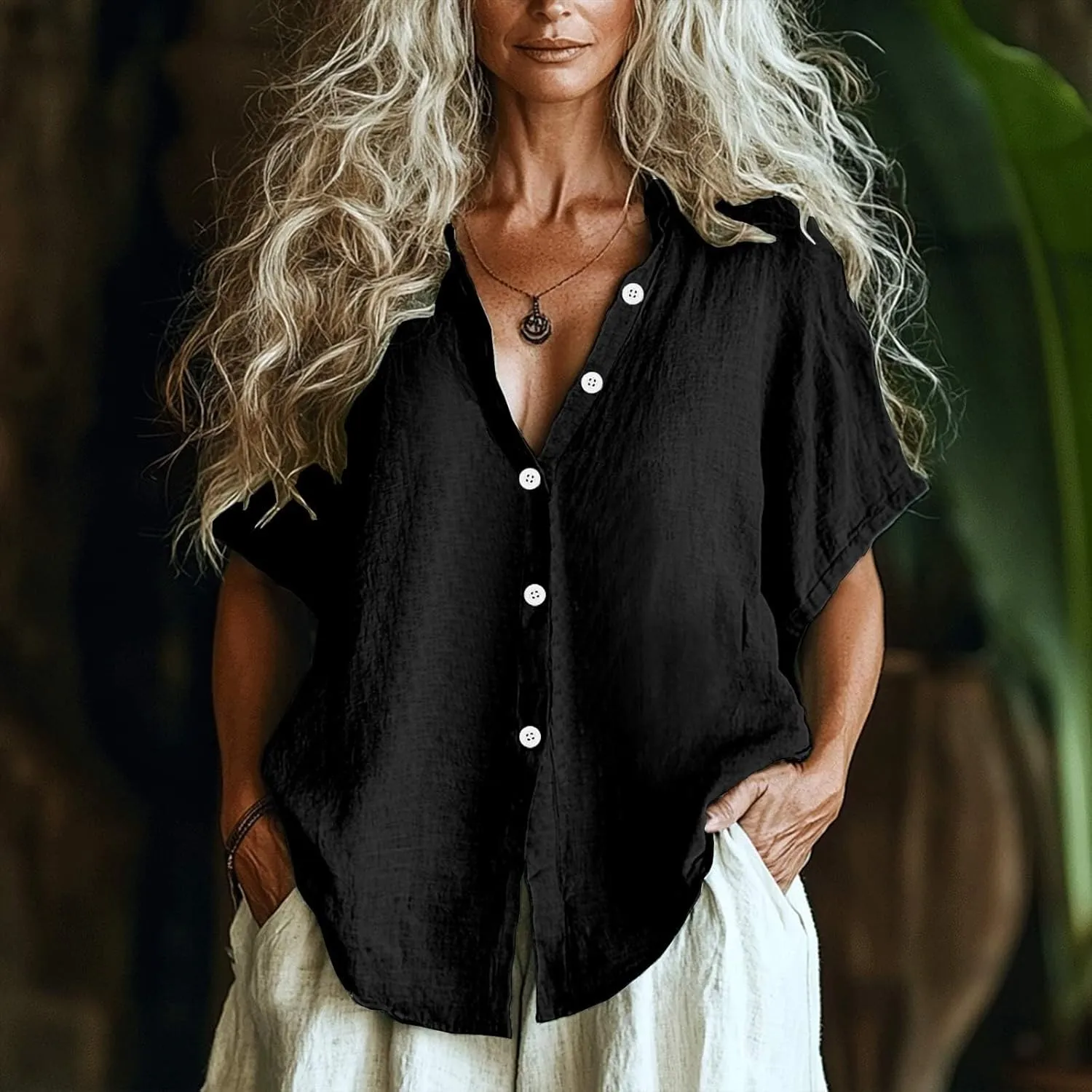 Women Linen Button Down Short Sleeve Lapel Collar Blouse Ladies Summer Casual Dressy V Neck Beach Cotton Shirt Tops