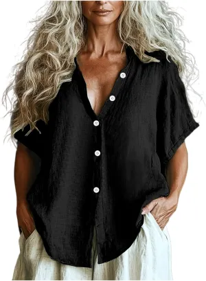 Women Linen Button Down Short Sleeve Lapel Collar Blouse Ladies Summer Casual Dressy V Neck Beach Cotton Shirt Tops