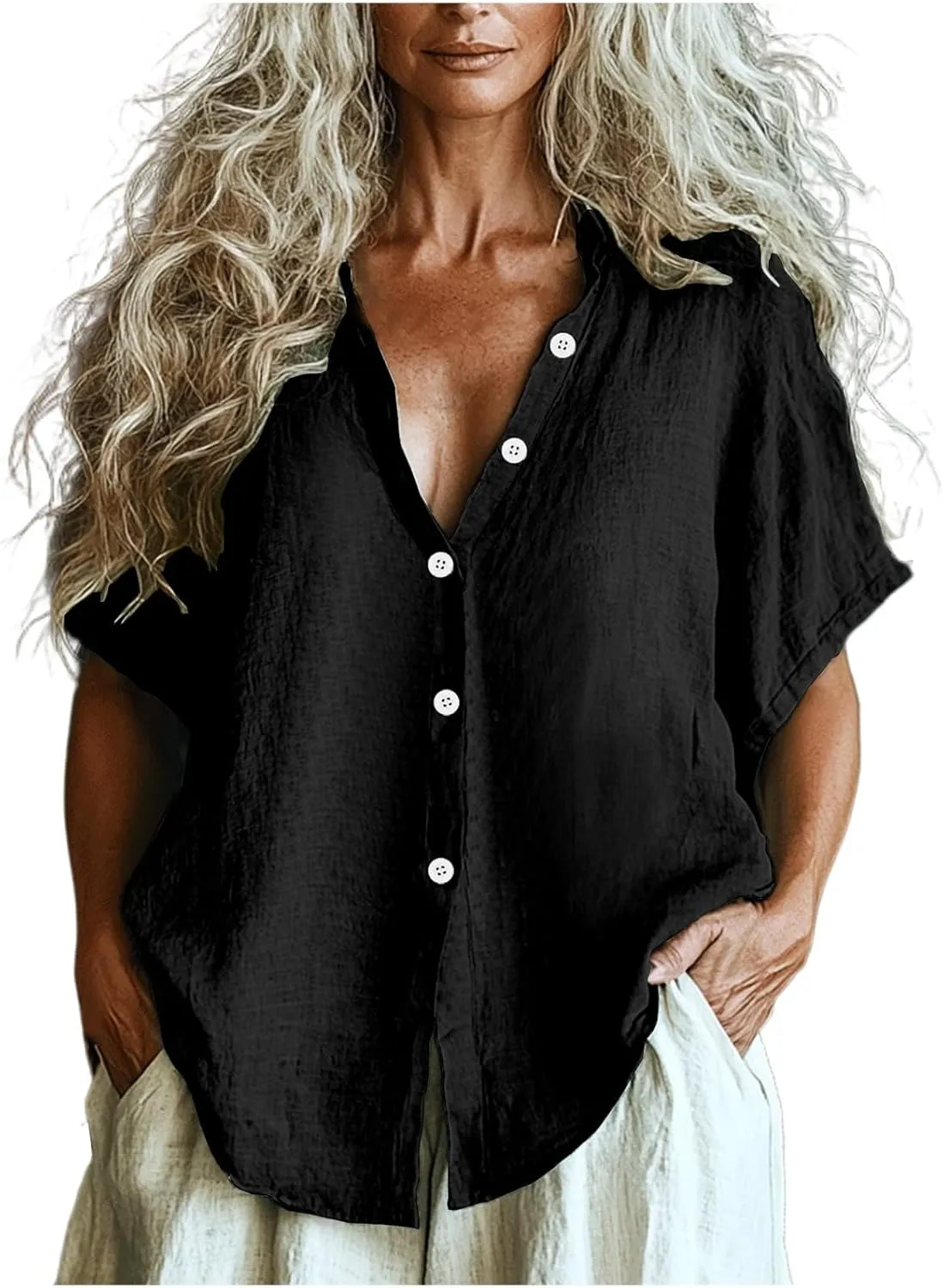 Women Linen Button Down Short Sleeve Lapel Collar Blouse Ladies Summer Casual Dressy V Neck Beach Cotton Shirt Tops