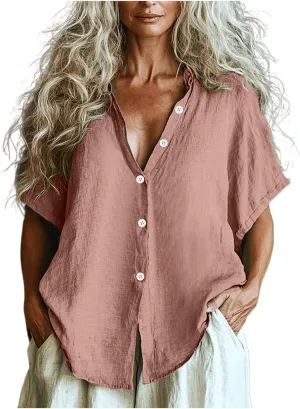 Women Linen Button Down Short Sleeve Lapel Collar Blouse Ladies Summer Casual Dressy V Neck Beach Cotton Shirt Tops