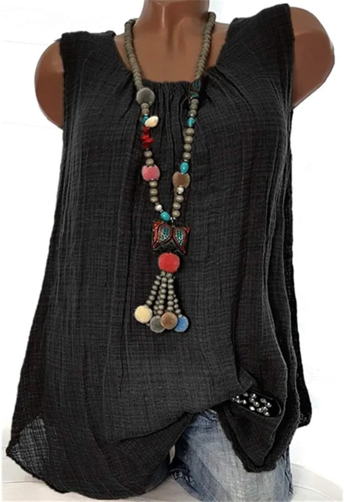 Women Linen Sleeveless Tank Tops Summer Casual Vintage Pleated Blouse Loose Comfy Flowy Beach T-Shirt Camisole