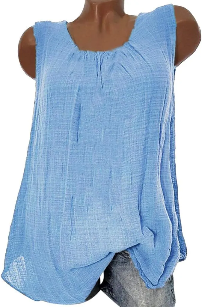 Women Linen Sleeveless Tank Tops Summer Casual Vintage Pleated Blouse Loose Comfy Flowy Beach T-Shirt Camisole