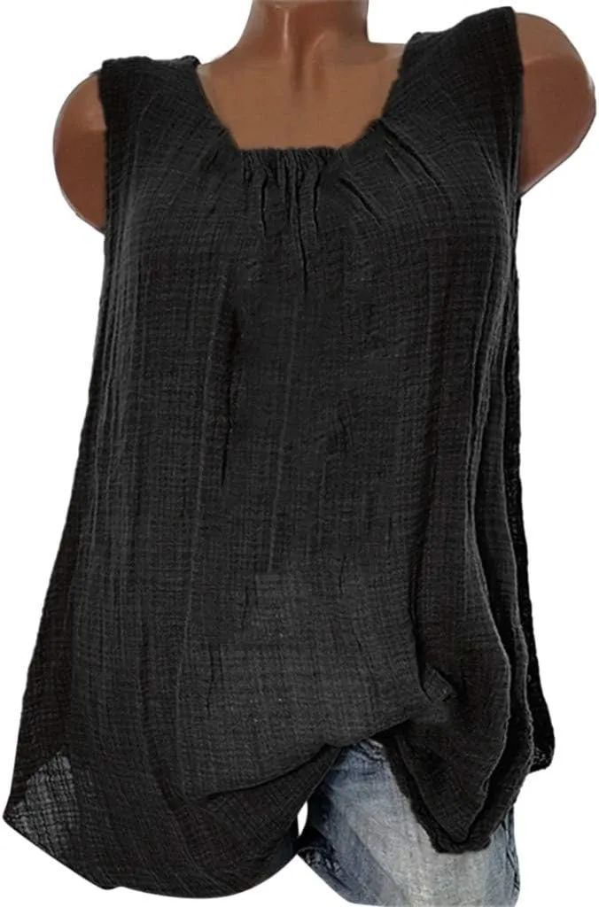 Women Linen Sleeveless Tank Tops Summer Casual Vintage Pleated Blouse Loose Comfy Flowy Beach T-Shirt Camisole