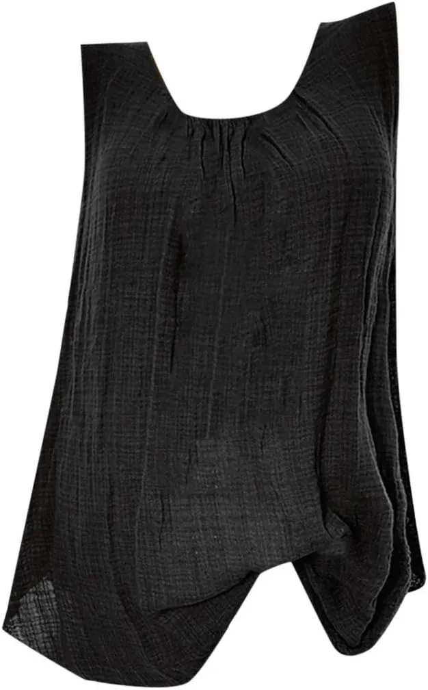 Women Linen Sleeveless Tank Tops Summer Casual Vintage Pleated Blouse Loose Comfy Flowy Beach T-Shirt Camisole