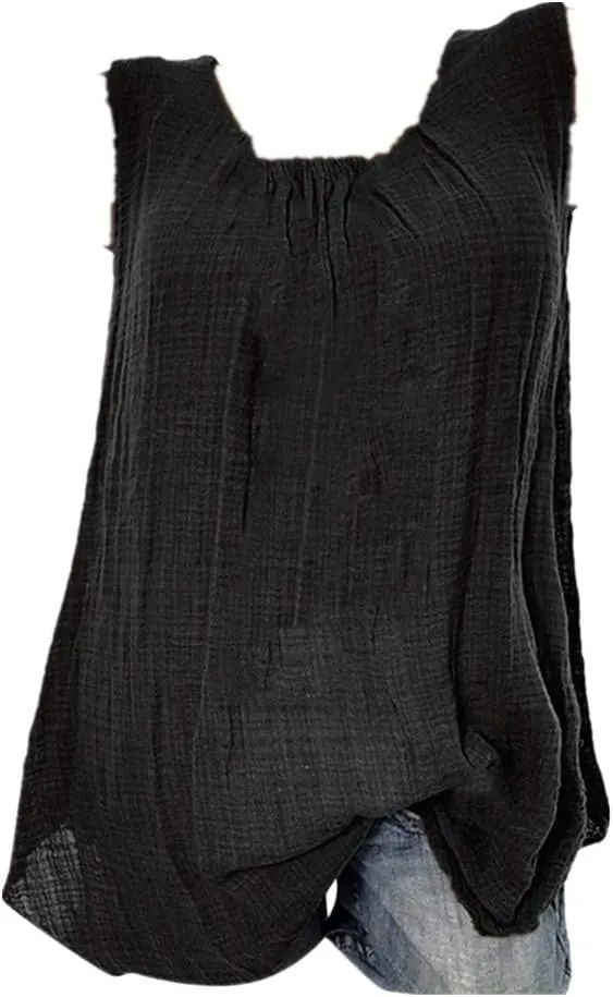 Women Linen Sleeveless Tank Tops Summer Casual Vintage Pleated Blouse Loose Comfy Flowy Beach T-Shirt Camisole