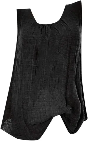 Women Linen Sleeveless Tank Tops Summer Casual Vintage Pleated Blouse Loose Comfy Flowy Beach T-Shirt Camisole