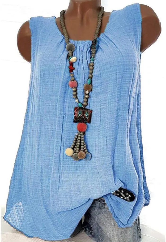 Women Linen Sleeveless Tank Tops Summer Casual Vintage Pleated Blouse Loose Comfy Flowy Beach T-Shirt Camisole