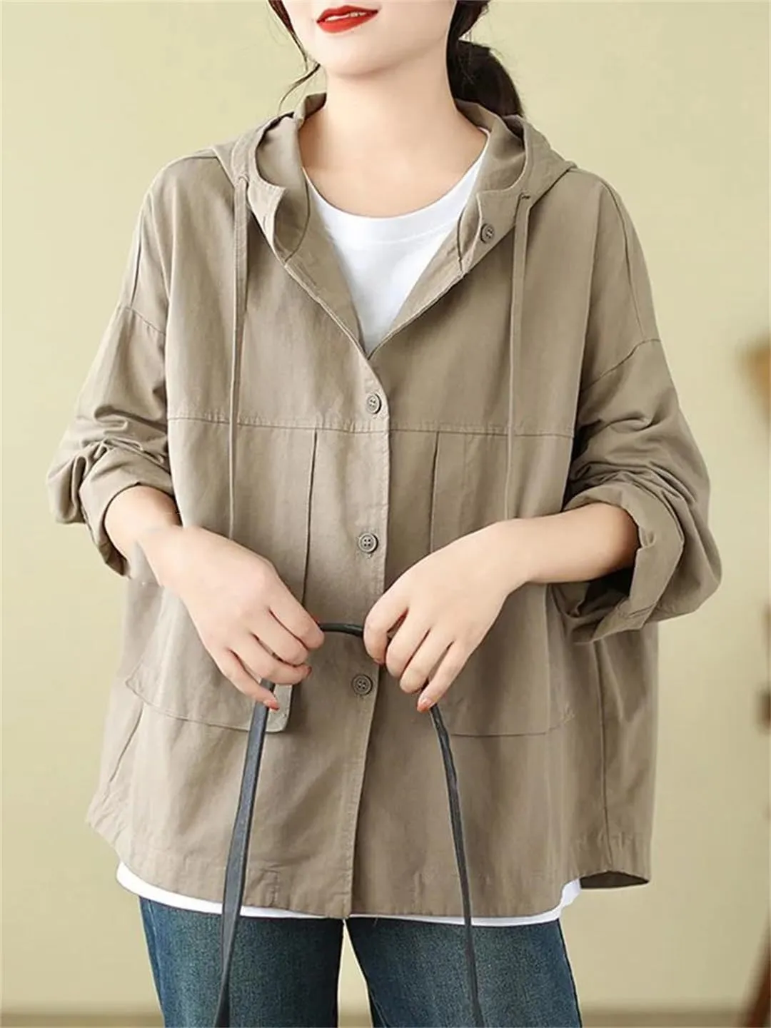 Women Long Sleeve Hooded Jackets Style Streetwear Solid Color Loose Casual Outerwear Coats