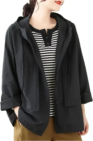 Women Long Sleeve Hooded Jackets Style Streetwear Solid Color Loose Casual Outerwear Coats